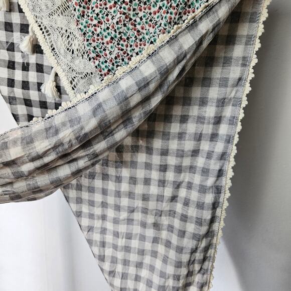 Pimkie Boho Layered Scarf Shawl Wrap Black Ivory Floral Check Tassel - Picture 9 of 12